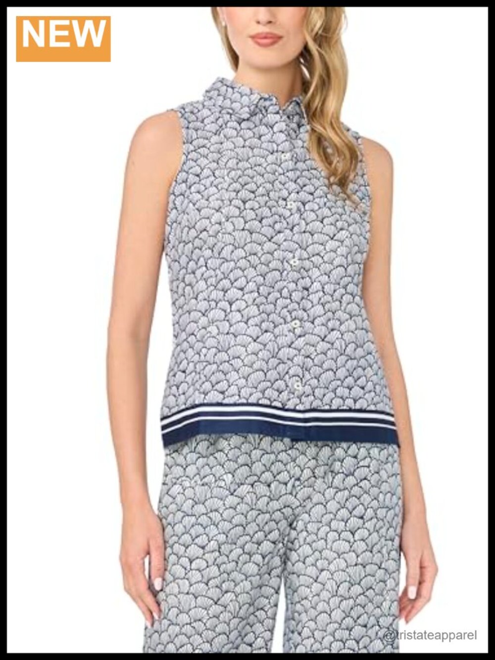 Sleeveless Button Down Collared Blouse 97% Cotton 3% Spandex